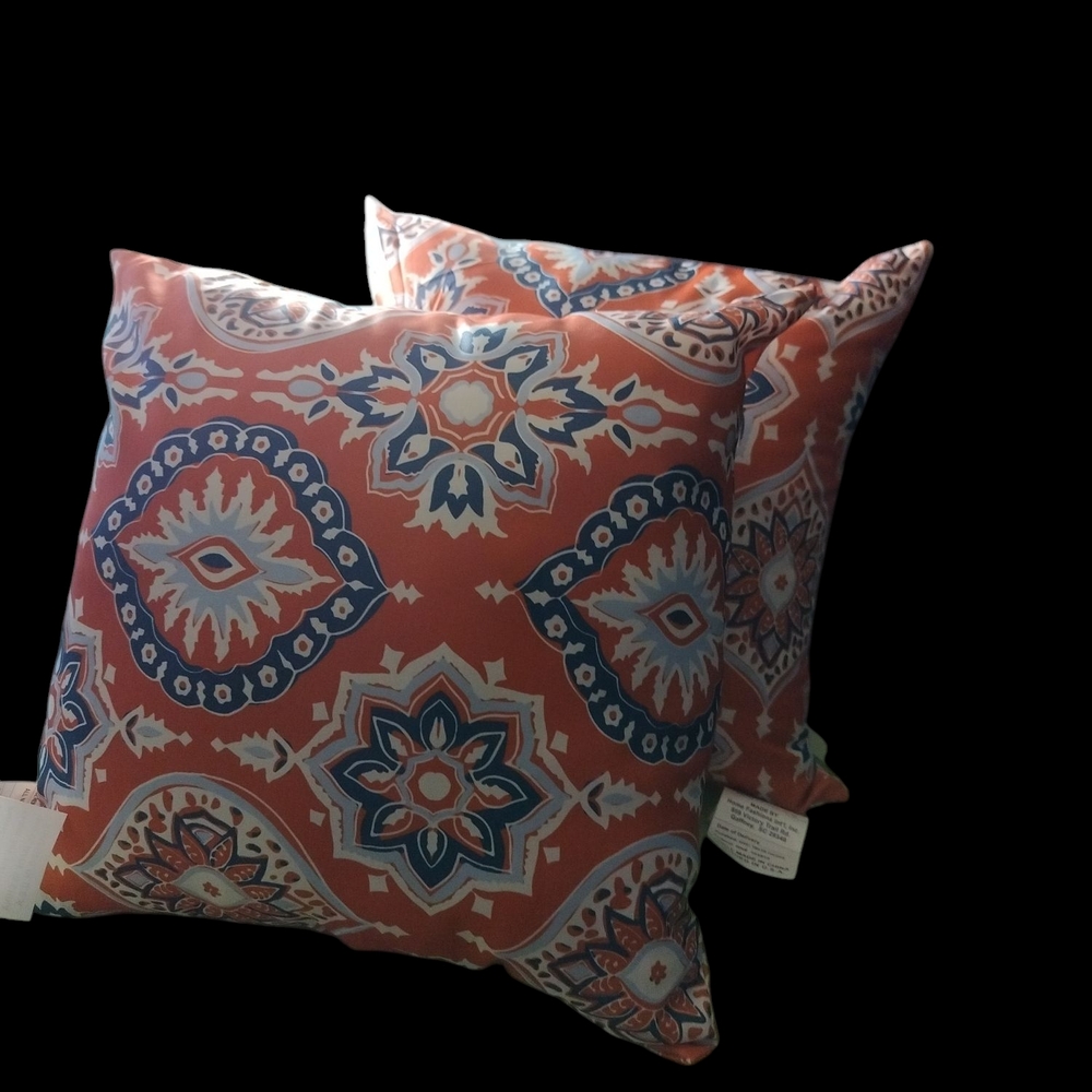 Decorative Orange and Blue Patterned Throw Pillows